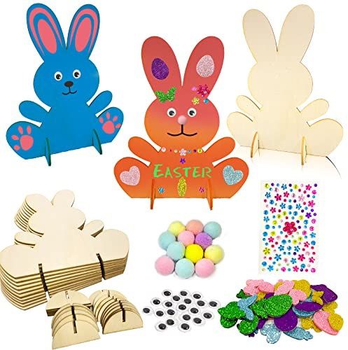 Ostern Basteln Kinder, Hasen aus Holz zum Bemalen, 10 Stück DIY Osterhase Deko, Bunte Mini Pompons mit Kulleraugen, Strass & Bunte Aufkleber, Ostern Deko Bastelset, Kindergeburtstag Spiele Basteln