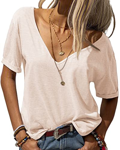 Tankaneo Damen Mode tief V-Ausschnitt Kurze Ärmel Tops Solide Lässig Lose Basic T Shirt Beige M
