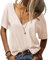 Tankaneo Damen Mode tief V-Ausschnitt Kurze Ärmel Tops Solide Lässig Lose Basic T Shirt Beige M