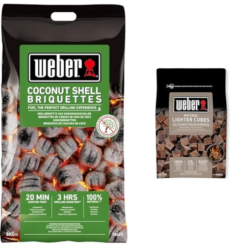 Weber Coconut Shell Briquettes 8kg, Black & 17612 - Cubetti accendifuoco 48 pastiglie sul Marrone