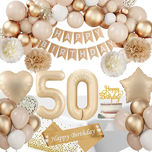 50 Geburtstag Deko Frauen, Deko 50 Geburtstags Frauen, Geburtstagsdeko Beige Gold Ballon Deko mit Happy Birthday Girlande Geburtstagsschärpe Tischdecke Pompons für 50. Geburtstag Frauen