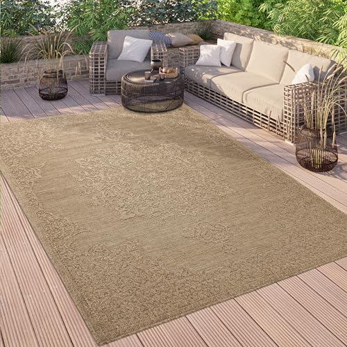 Paco Home Outdoor Teppich Wetterfest Balkon Küche Wohnzimmer Orientalisches Muster Vintage Optik Einfarbig 3D Modern, Grösse:200x280 cm, Farbe:Beige