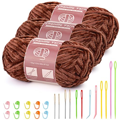 Benlay 3 x 100 g (3 x 80 m) Chenille Garn, Samt Garn zum Stricken und Häkeln mit Nadeln mit großem Öhr, weiches Chenille-Garn für Kleidung, Decken, Taschen, Pullover, DIY-Strickprojekte (Braun)
