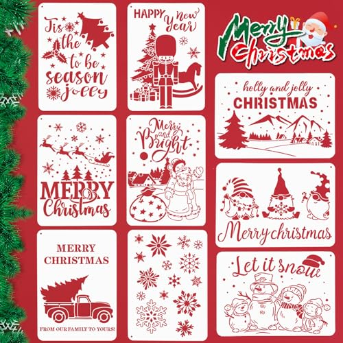 Darryy Malschablonen Weihnachten, 9 Stück Schablone Weihnachten, Fenster Schablone Weihnachten, Malschablonen Kunststoff, Zeichenschablonen Set, DIY Geschenkkarten