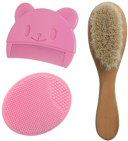 BDSHUNBF 3 PCS Baby Haarbürste für Neugeborene & Kleinkinder, Babybürste mit weichen Ziegenhaarbürste, Natürliche weiche Ziegenborsten, Silikonbürste für Baby, Kind