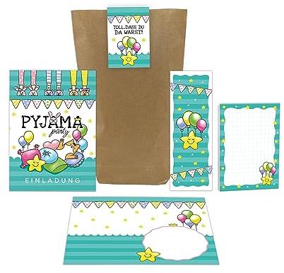 Junaversum 6 Einladungskarten zum Kindergeburtstag Einladungen zur Pyjamaparty Pyjama-Party Übernachtungsparty Lesenacht-Party incl. 6 Umschläge, 6 Tüten, 6 Aufkleber, 6 Lesezeichen, 6 Blöcke