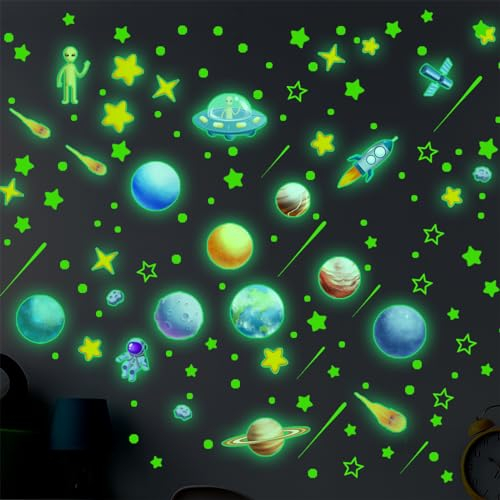 INGJIA Wandsticker Leuchtaufkleber Sticker Astronaut Planet Leuchtsterne Leuchtsticker Wandtattoo Leuchtend Sterne Fluoreszierend Wandaufkleber Aufkleber Für Kinderzimmer Dekorative Aufkleber Blau
