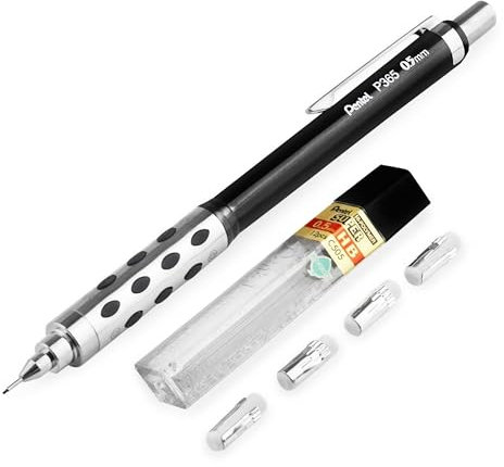 Pentel Porte-mine automatique P365 0,5 mm Corps noir 12 mines HB + 4 recharges de gomme