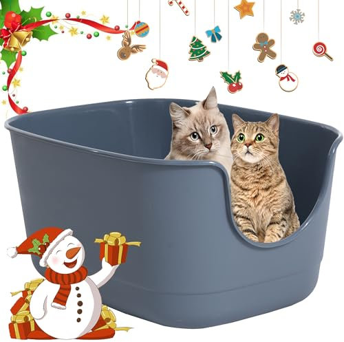 Suhaco High Sided Jumbo Cat Litter Tray Anti Splash Open Top Cat Litter Box 61 x 48 x 31 cm Extra Deep Large Cats Litter Trays for Multi Cats Toilet Low Entry (Grey)