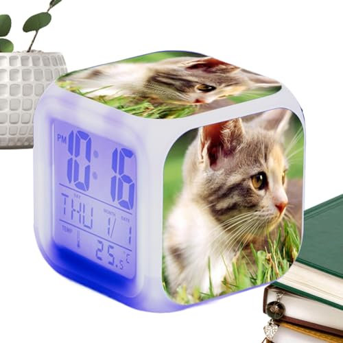 Paodduk Kids Cube Alarm Clock Cat Digital Alarm Clock Cat Alarm Clocks Bedside Mains Powered Electronic Colorful Alarm Clock Children Sleep Trainer Wake Up Bedside Clock
