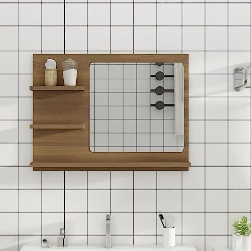 Myheimly Badspiegel, Wandschrank für Badezimmer, Badezimmerspiegel mit 3 Ablagen, Spiegel Schminkspiegel Bad Badmöbel, Holzwerkstoff Badspiegel,Braune Eiche