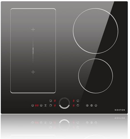 NOXTON Induktionsfeld Flexzonen 4 Platten mit Runder Schieber, Induktionskochfeld 60 cm Einbau, Induktionsfeld 4 Zonen mit Touch, Booster, Timer, Kindersicherung, 220V-240V, 7200W, kein Stecker