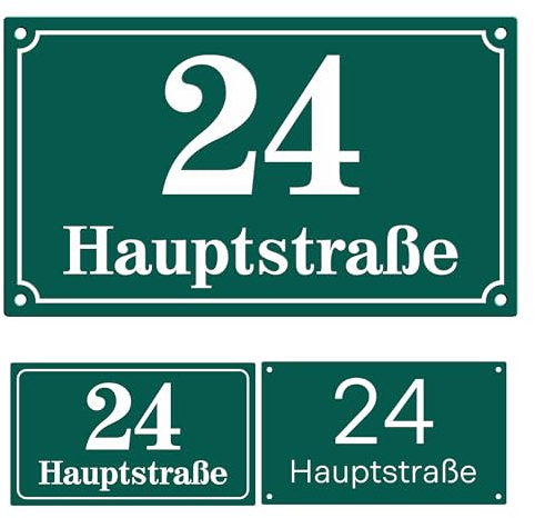 Sosenco Hausnummer 14x24 cm mit Wunschtext – Personalisiert mit dem Ort/Straßennamen und Nummer - Wetterfest Addressschild mit Gravur - Grafik- Größe- und Montageoptionen zur Auswahl (Grün)