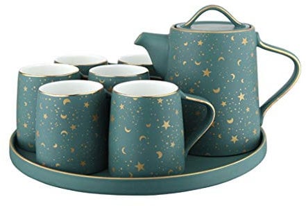 BODHIS Set di Tazze da tè in Ceramica Set da tè in Ceramica nordica con Vassoio Rotondo Set da tè Set da caffè con Motivo a Stella Set da tè Set da Tazza da tè Caffettiera