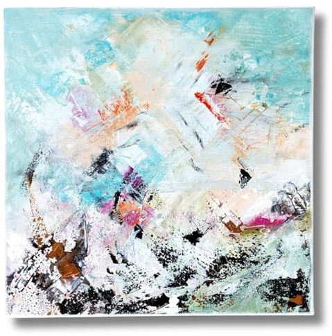 Abstraktes Acrylbild 50x50 cm, Türkis, bunte Pastelltöne, Schwarz, Weiß und Gold Effekte, Handgemalte Wandkunst auf Leinwand, Unikat aus meinem Künstleratelier, Moderne Wanddeko für Wohnzimmer & Büro