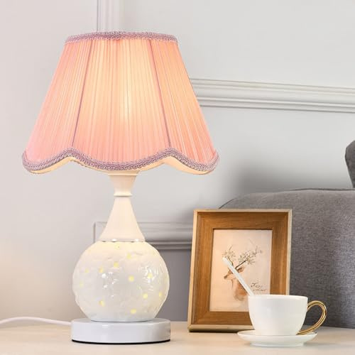 Mengjay Tischlampe Retro Keramik,E27 Tischleuchte Deko Wohnzimmer,Vintage Nachttischlampe mit Stoff Lampenschirm,Schreibtischlampe Schlafzimmer Kinderzimmer Büro Deko (Rosa)
