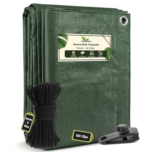 GARDENIX 5m x 5m Green Heavy Duty 90gsm Tarpaulin Waterproof Tarp Sheet Cover, Groundsheet, Multipurpose, Reinforced +10m of 6mm Bungee Rope +10x Screw Type Tarp Clips