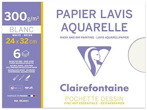 Clairefontaine 96340C Mappe Aquarellpapier (ideal für Nasstechniken, 300 g, 24 x 32 cm, 6 Bögen) weiß