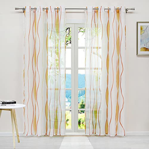 ESLIR Gardinen mit Ösen Vorhänge Gardinenschals Transparent Schlaufenschal Wellen Muster Voile Orange BxH 140x245cm 1 Stück
