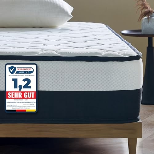 Arensberger EMILIA Matratze 140x200 cm | Federkernmatratze mit Gel-Schaum und integriertem Topper | ergonomische Höhe 23cm | Härtegrad H3/H4 | HR Taschenfederkern 140x200cm Rollmatratze punktelastisch