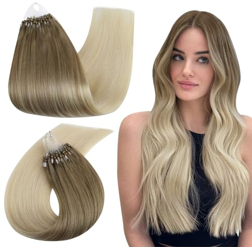 Ugeat Extensions Echthaar Microring Ombre 60cm Microring Extensions Echthaar 1g Microring Extensions Hellbraun Ombre Weißblond Micro Loop Extensions Microring Hair Extensions 50g 50 Strähnchen