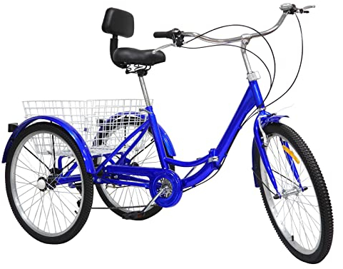 Dreirad Erwachsene 24 Zoll faltbares Fahrrad Dreirad für Erwachsene, Senioren, Frauen, Männer Lastenfahrrad 3-Rad-Fahrrad mit Einkaufskorb (Blau)