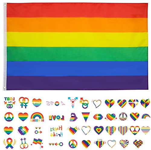 Rainbow Flag, 150x90 cm Drapeau Pride + 4 Feuilles Pride Autocollant, Drapeau LGBT avec Œillets en Laiton-Tissu en Polyester-Résistant aux Intempéries-pour Décoration, Défilés de la Fierté LGBTQ