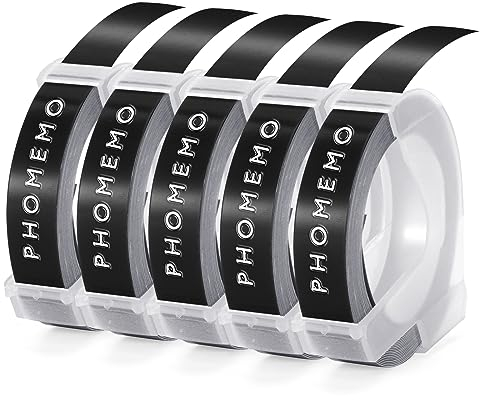 Phomemo Etikettenband Prägeband Kompatibel mit Dymo Omega Etikettenband Ersatz für 3D Etikettenband 9mm für Omega S0717930 Junior S0717900 Etikettiergerät (Weiß auf Schwarz, 5 Stück)