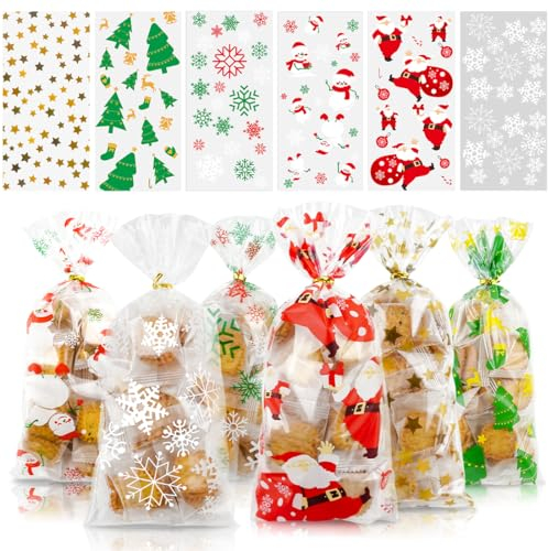 120 Stück Weihnachten Plätzchentüten, Weihnachten Süßigkeiten Tüten mit 200 Twist Krawatten, Weihnachtsbaum schneeflocke bonbon tüten, Klar Kekstüten Weihnachten für Party, Weihnacht Geschenk Taschen