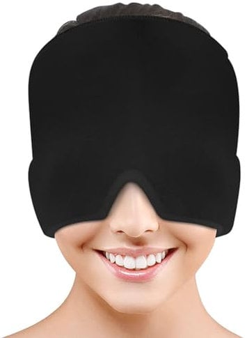 Migraine Relief Cap, Reusable Cold Hot Therapy Migraine and Headache Relief Cap, Single-Sided Gel Ice Hot Head Wrap for Chronic Migraine, Tension Headache, Sinus Stress, Puffy Eyes (Black)
