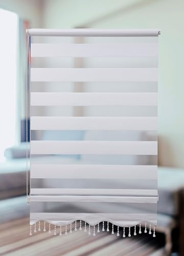PlisseeOnline Doppelrollo Klemmfix ohne Bohren Weiß mit Perlen Duo Rollo für Fenster und Türen Plissee Rollo Gardine 70 x 200 cm Blickdicht Klemmrollo mit Perlen Seitenzugrollo