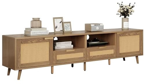 Azkoeesy Mueble para TV de 200 cm de largo, de ratán, con patas de madera maciza y asa, 2 cajones y 2 puertas, color roble