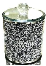 SEGOY Black Diamond Crushed Biscuit Canister Jar Tin Kitchen Storage Silver Trimmings Crystal Filled Wedding Anniversary, Birthday Present, Home Decor - Height - 15cm