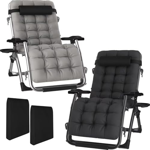 Fiutazge 2Pcs 83cm Extrabreite Sonnenliege Klappbar mit Liegenauflage und Nackenkissen,Klappstühle Abdeckung,Liegestuhl Klappbar Verstellbare für Wohnzimmer-Balkon-Strand-Pool Grau+Schwarz