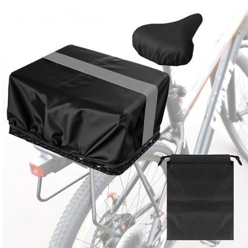 Schwarze Oxford-Stoff Fahrradkorb Regenschutz, Wasserdicht Fahrradkorb Abdeckung Hinten, Waschbarer Fahrradsitz Schutz, Fahrradkorb Regenabdeckung mit Reflektorstreifen Kordelzugbeutel für Unterwegs