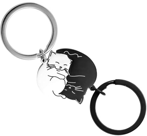 2 PCS Paar Schlüsselanhänger Katze - Romantisches Partner Geschenke | Pärchen Geschenke, Geschenk für Partner, Paar Geschenke, Geschenke für Paare(schwarz, silber)