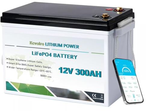 Kcvolro LiFePO4 300Ah 12V Batterie Lithium Batterie mit 200A BMS Low Temp Schutz und bis zu 15000 Zyklens, Lithium Akku 3840W Perfekter für Wohnmobil, Solar & Off-Grid-Anwendungen,Boot
