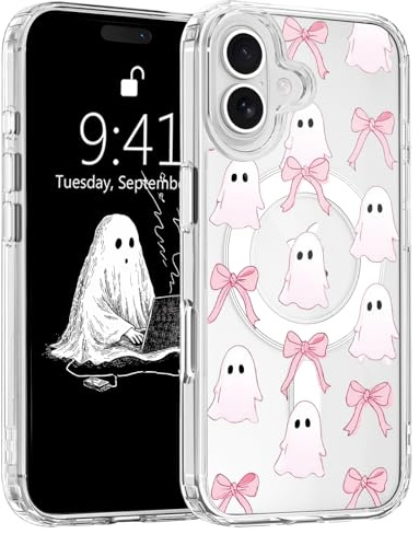 BlHMCASE for iPhone 13 Mini Case, Compatible with MagSafe, Cute Halloween Ghost Pink Bow Magnetic Phone Case, Clear Soft Slim Fit Shockproof Protective Cover for Women Girls