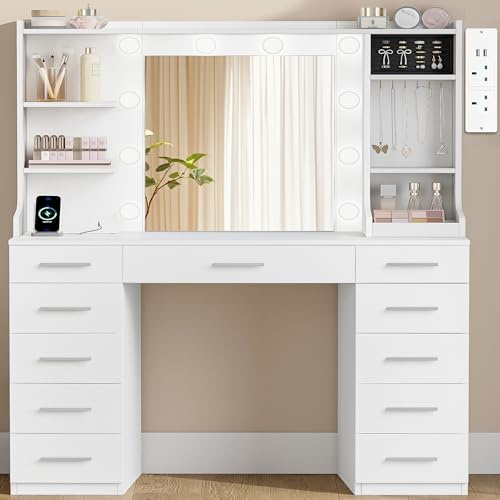 Hzuaneri Dressing Table with Lights, Vanity Desk with Mirror and Power Outlet, Adjustable LED Lighting, 11 Drawers, 5 Shelves and 2 Open Compartments, Makeup Desk for Bedroom White DT43303XUK