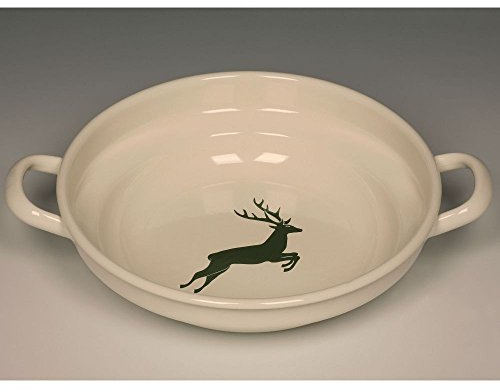 Riess, 0219-072, Bauernschüssel flach 24 2,00 L, COUNTRY - HIRSCH GRÜN, Durchmessser 24 cm, Höhe 6,5 cm, Inhalt 2 Liter, Emaille, Farmerschüssel, beige mit grünem Hirsch, Induktion