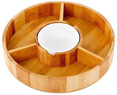 Chip and Dip Serving Bowl – Wooden Appetizer Platter Set with Dip Cup for Salsa, Guacamole, Nacho, Vegetables, Taco Chip, Snacks and More – 12 Inch Diameter. Perfect for the BIG GAMES !