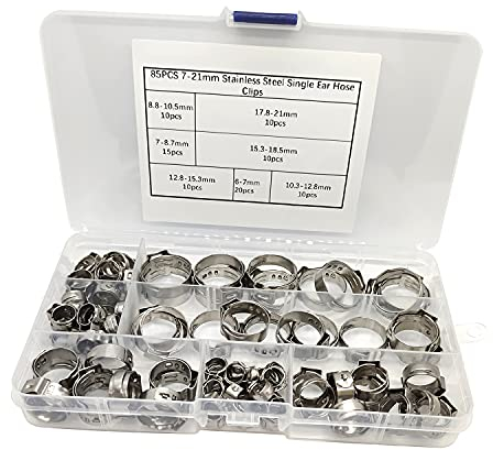 ALLNICE 85 STÜCKE 7-21mm Einzelohrschlauchschellen 304 Edelstahl Einstellbare Stufenlose Rohrschellen Sortiment Kit für Sanitärautomobil- und Wasserversorgungsanwendungen (Type 2)
