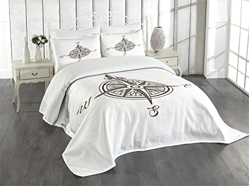 ABAKUHAUS maritim Tagesdecke Set, Einfache Retro Windrose Kunst, Set mit Kissenbezügen Waschbar, für Doppelbetten 220 x 220 cm, Taupe Weiß