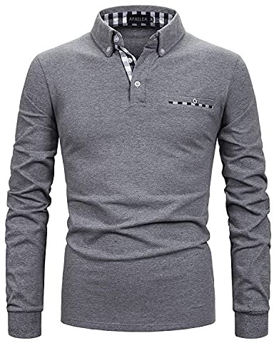 APAELEA Polo de Golf à Manches Longues Homme Coton Contrasté Plaid épissure Lattice Tennis Shirt,Gris,M