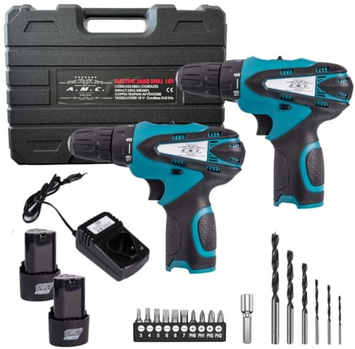 AMC Coppia Trapano Avvitatore a Batteria Professionale 18V, Avvitatore a Batteria con 2 Batterie, 2 Velocità, 17 Accessori, Luce a LED, Mandrino Autoserrante con Impugnatura Ergonomica, Per fai da te