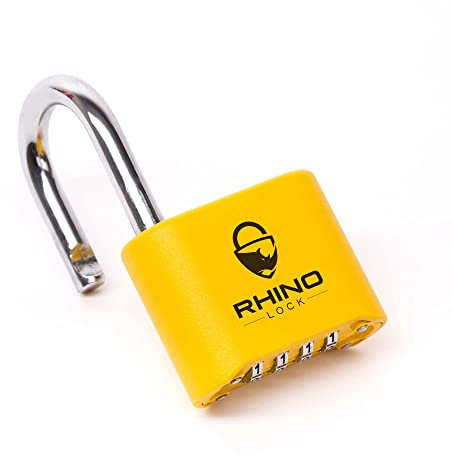 Rhino Lock Secure Lock - Yellow 4 Digit Combination Padlock for Gym Locker, School & Work Lockers; Coded and Suitable for Outdoor Use with Fences, Hasps, Sheds & Toolboxes (UK Brand)