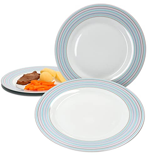 Ritzenhoff & Breker Doppio Circle 4er Set Speiseteller I Ø 27 cm I 4 Personen I Essteller, große Platte, Beilagenteller I farbenfrohes Design I Porzellan-Geschirr mit Buntem Linien-Dekor