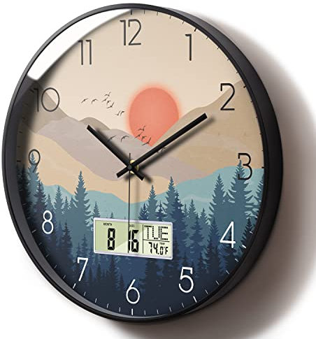 Silent Wall Clock with Date/Temperature/Day of Week LCD Display, 12'' Non-ticking Battery Operated Analog Wall Clock, Mountain Sunset Decorative Clock for Bedroom/Living Room/Kitchen