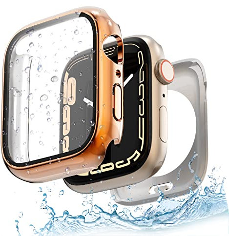 Yolovie (2 in 1 impermeabile compatibile con Apple Watch Screen Protector Case Series 9/8/7 45 mm Accessori, iWatch Vetro Temperato PC Face Cover Back Bumper Donne Uomini 45mm Lucido Oro Rosa