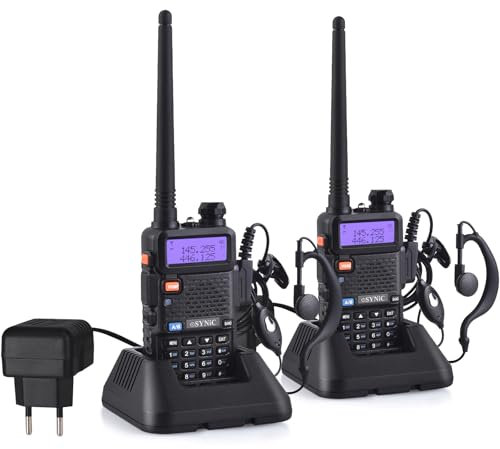 eSynic Walkie Talkie 2PCS Walkie Profesional UV 5R Banda Dual con Pantalla LED,128 Canales, FM Radio Walkie de Largo Alcance con Auricular y Cargador Soporta VOX para Ciclismo,Senderismo, Construcción